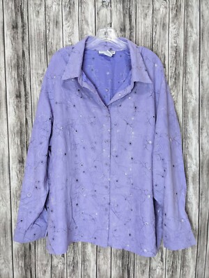 Women's Purple Button Down Long Sleeve Collared Shirt Embroidered Flowers 3X 