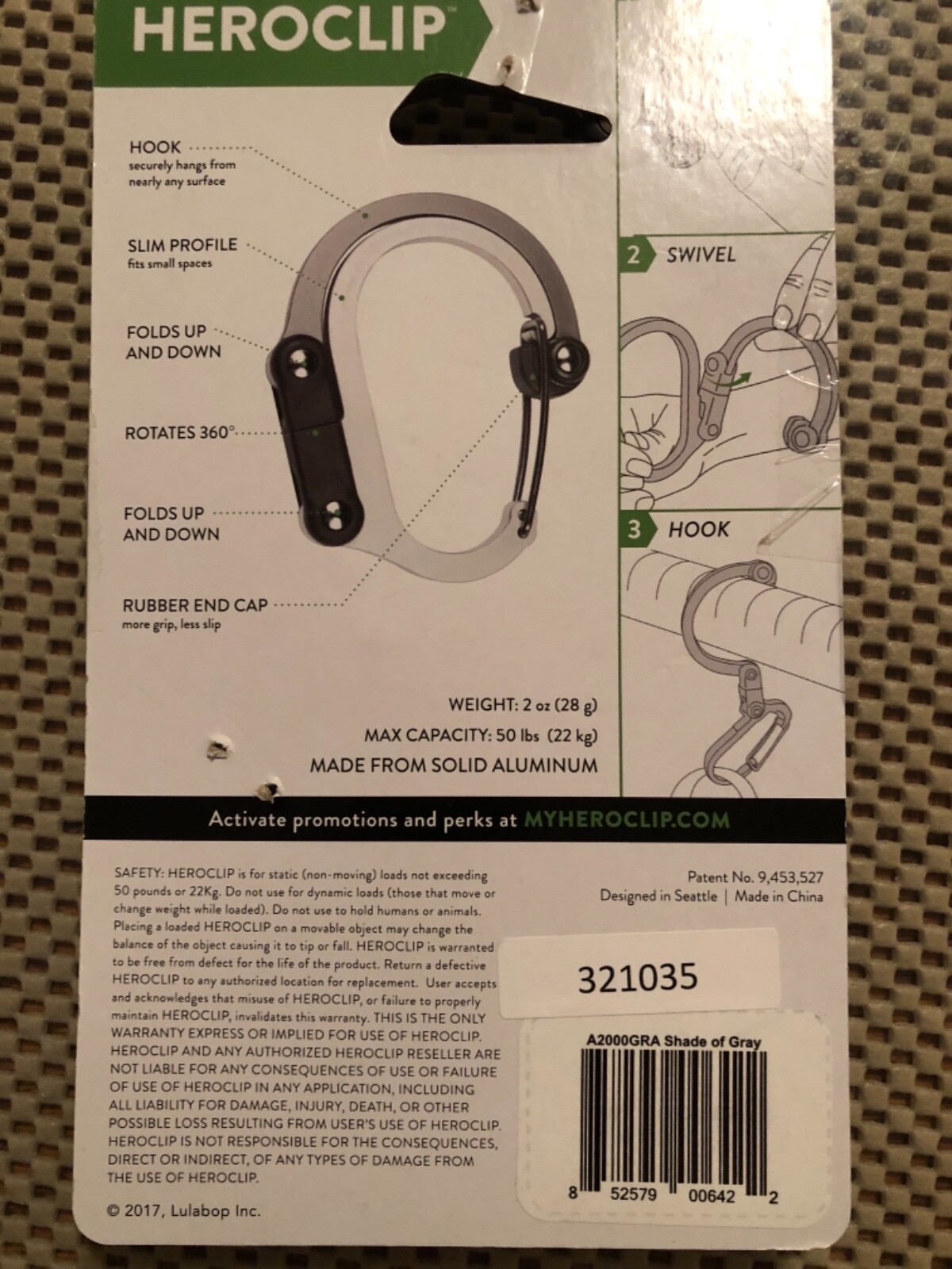 HEROCLIP Qliplet Rotating Folding Carabiner Gray