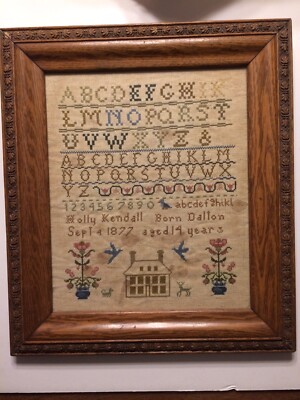Vintage Aida Fabric Sampler Framed House Birds Deer Cat 1877 Old 15x13 #2 UT1