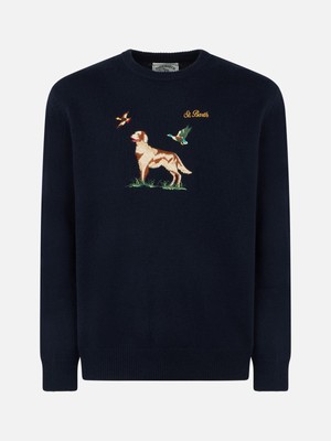 Pre-owned Mc2 Saint Barth Man Crewneck Donegal Sweater With English Pointer Jacquard Print In Blue