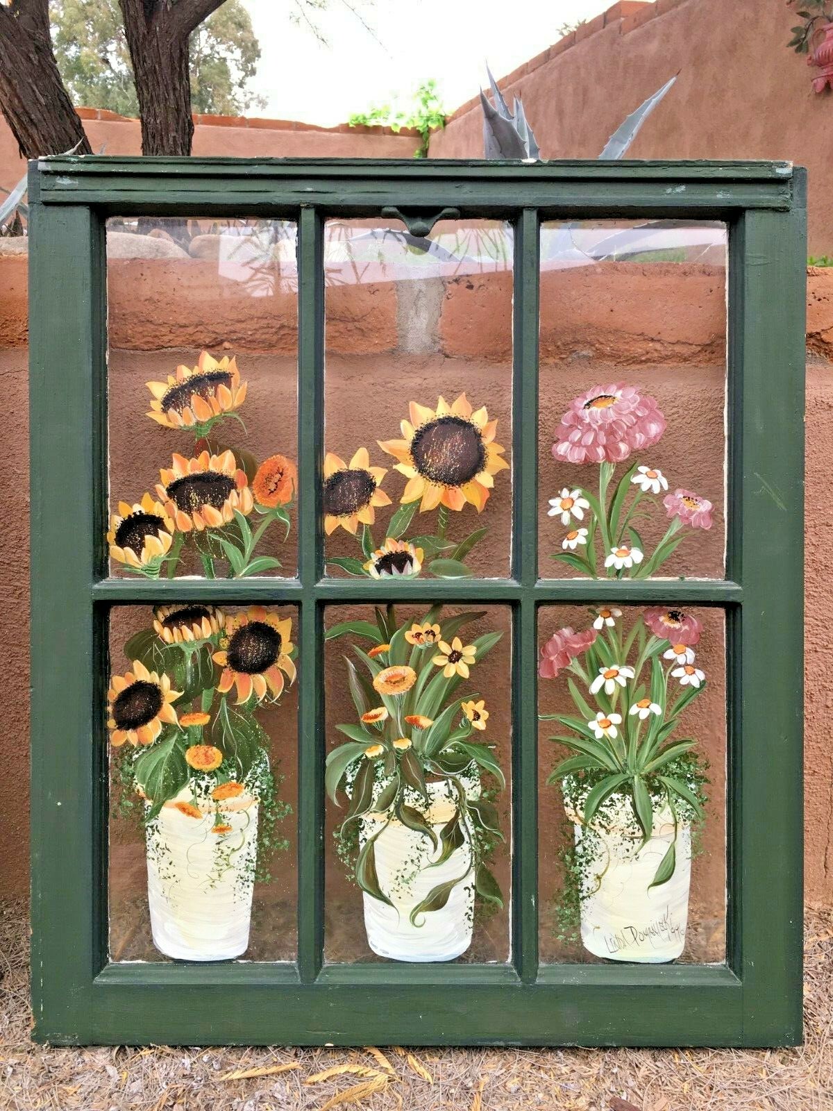 PAIR Antique 6 Pane Glass Windows Frames Painted Sunflowers SIGNED Wood Sashes