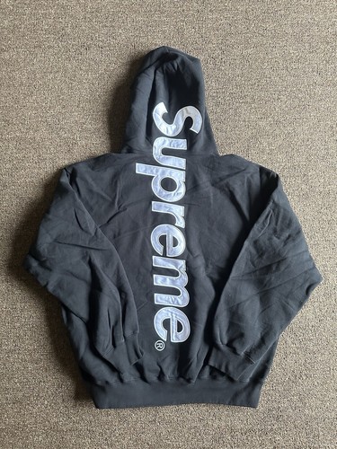 Pre-owned Supreme Satin Appliqué Hooded Sweatshirt (fw24) Black Size Xlarge