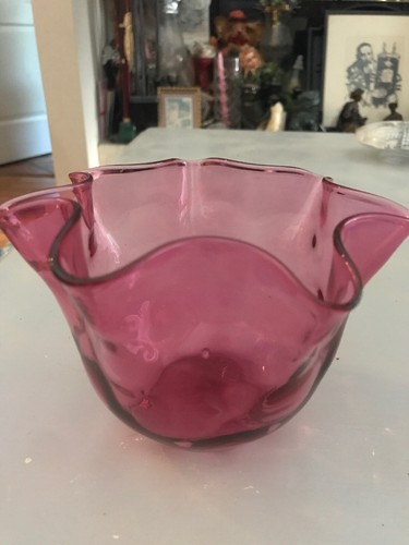 Mid Century Modern cranberry Thumbprint ART GLASS  RUFFLED BOWL