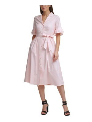 

Платье-рубашка DKNY Womens Pink Tie Printed с коротким рукавом и V-образным вырезом Midi Wear To Work Dress, Розовый