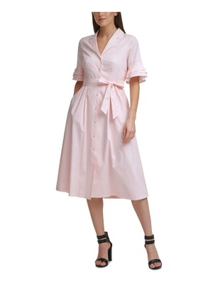 Платье-рубашка DKNY Womens Pink Tie Printed с коротким рукавом и V-образным вырезом Midi Wear To Work Dress 2