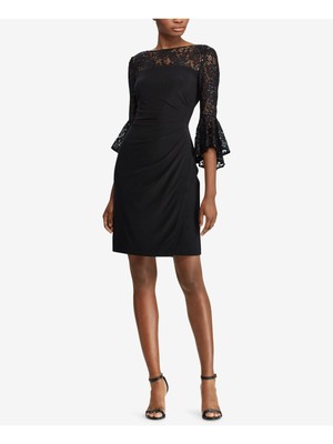

Женское короткое вечернее платье-футляр RALPH LAUREN с расшитыми блестками расклешенными рукавами и круглым вырезом, Черный