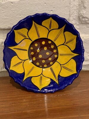 M. Mora Mexico Pottery Sunflower Footed Dish Trinket Painted Glazed