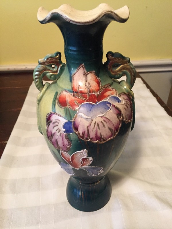Japanese 1920 S Green Floral Satsuma Vase With Peacock Handles