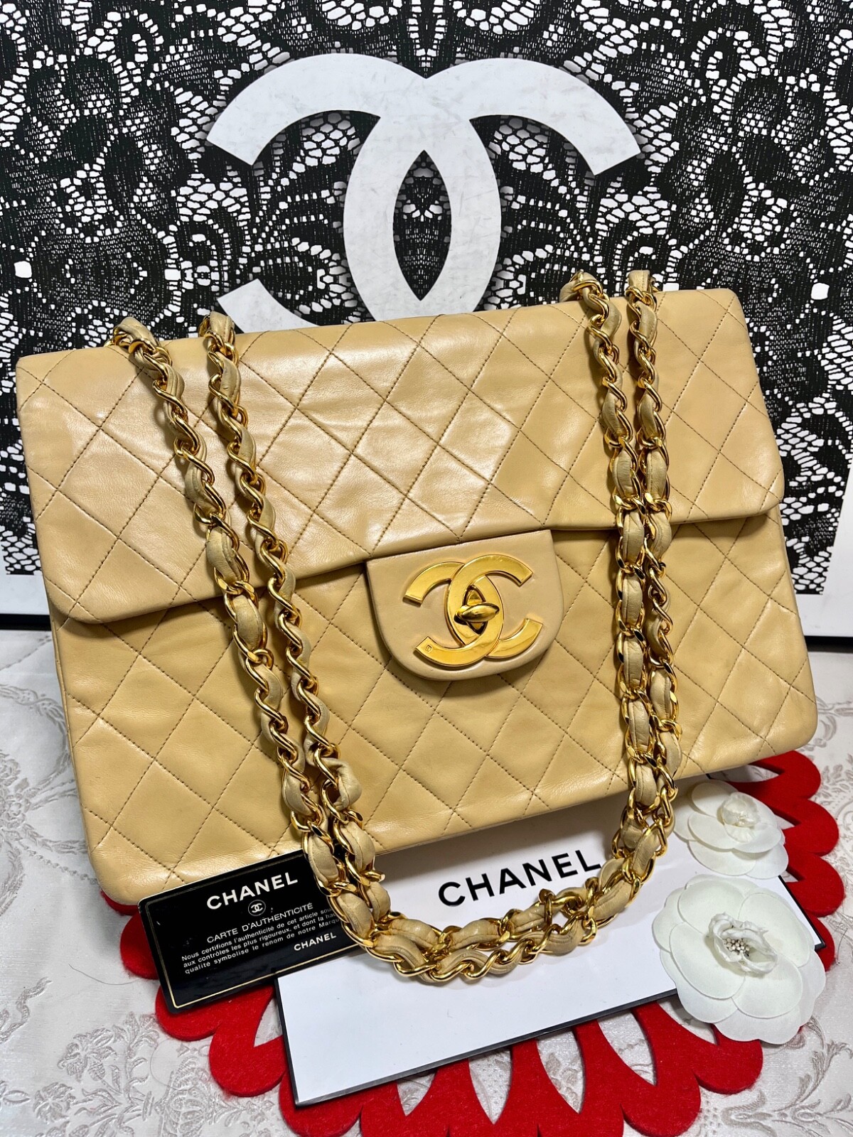 【ヴィンテージ】Rank:S☆Chanel Beige French Riviera Jumbo CHANEL Caviar Quilted Large French Riviera Flap Beige