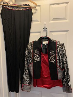 DESIGNER CACHE SZ 4 CHINESE JAPANESE INSPIRED DRAGON BLAZER PANTS RED TANK SET