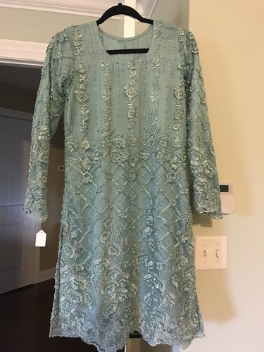 Pakistani EID Shalwar Kameez Gharara Pants Turquoise Blue Net 3 Pc Suit Small