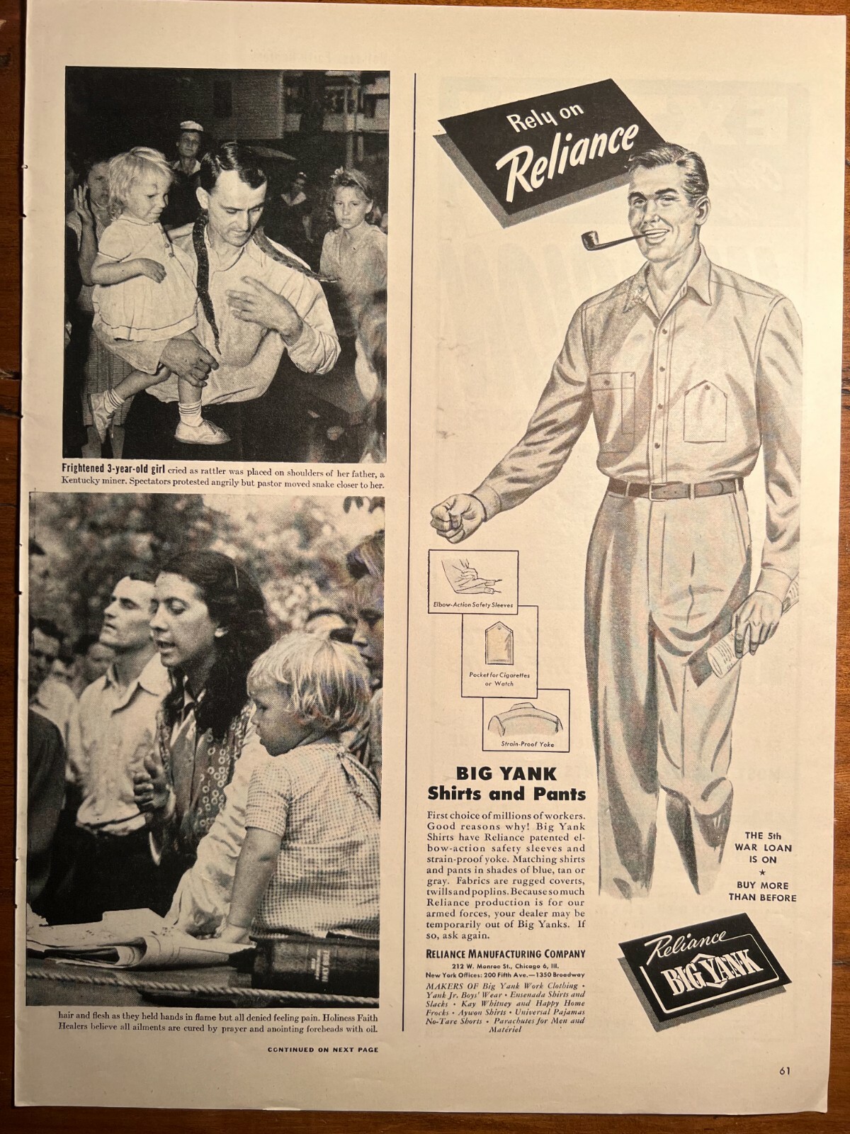 1944 WWII Reliance &ldquo;Big Yank&rdquo; Shirts Pants Print Ad - Pocket for 