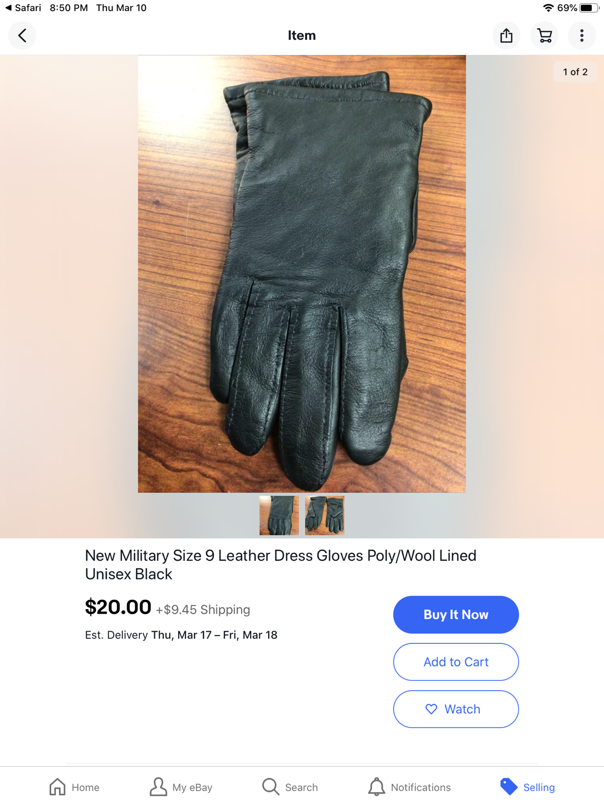 Gloves army issue black Leather dress gloves size 10 by Samco