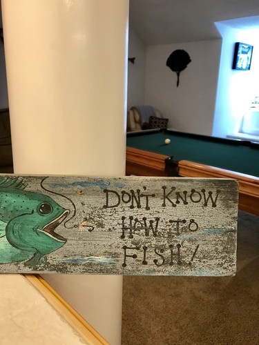 Vintage Fishing Fish Bait Wood Painted Sign Hand Made 29”x 5”