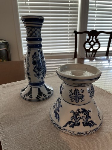 Two Decorative French Country Style candle holders, blue and white