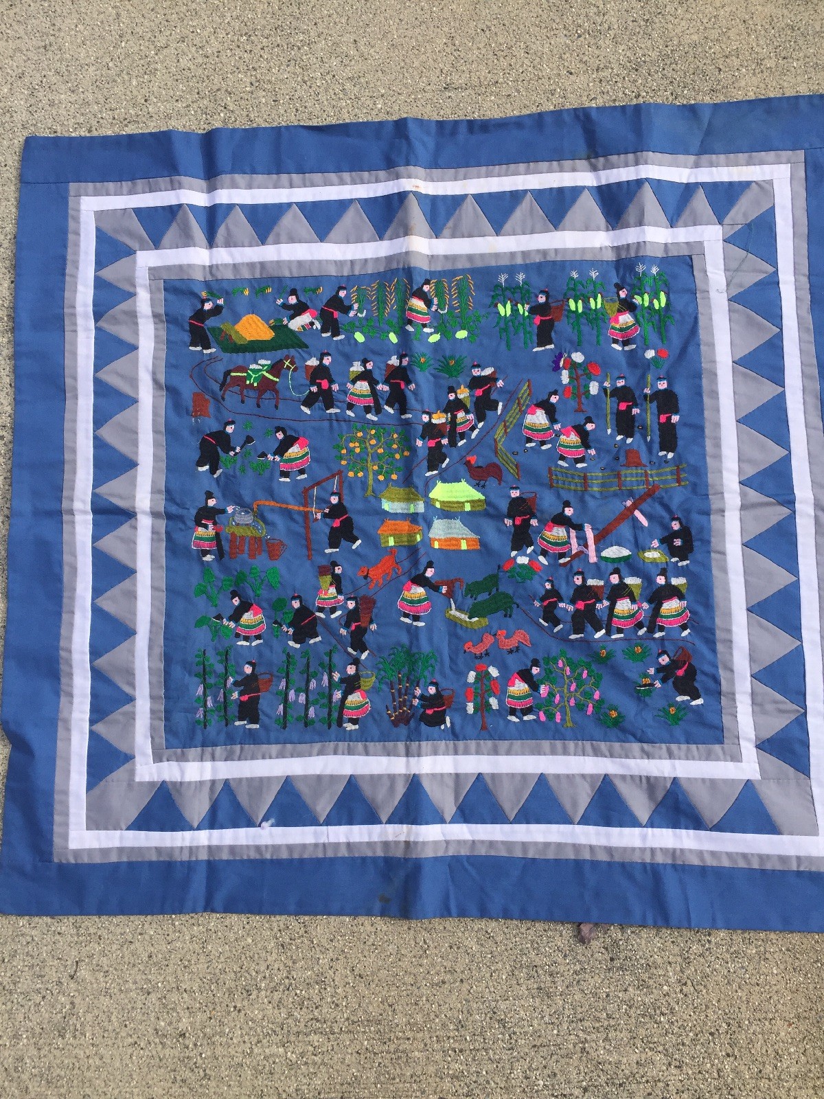 Antique CHINESE QUILT CABINET WALL HANGING Rice Paddy Farm Square ONE KIND ??m17