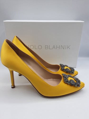 Pre-owned Manolo Blahnik Hangisi 90 Yellow Satin Jewel Buckle Pumps Heels Eu 37 Us 7 $1195