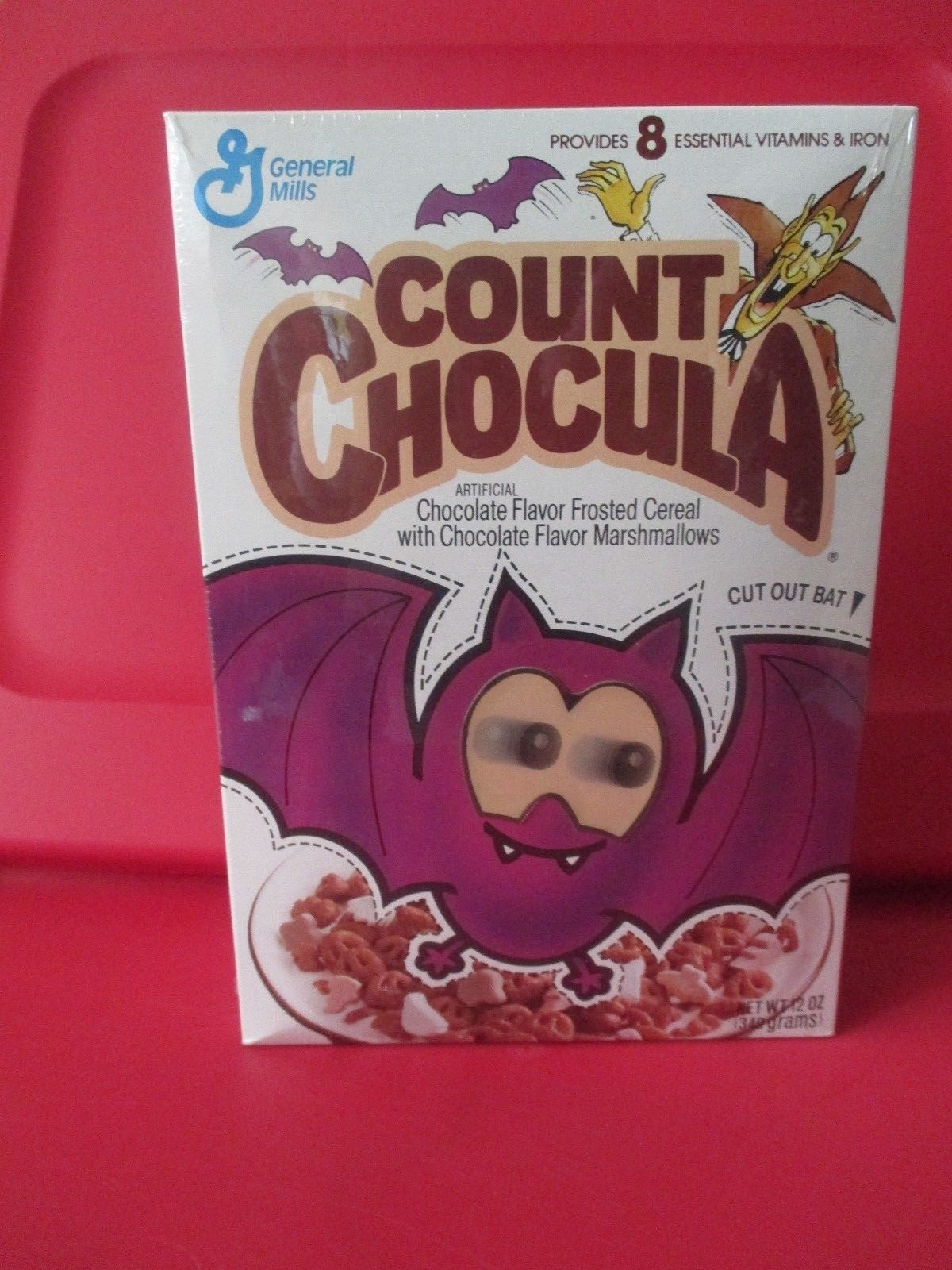 VINTAGE 1992 COUNT CHOCULA CEREAL BOX WITH CUT OUT BAT LENTICULAR EYES UNOPENED