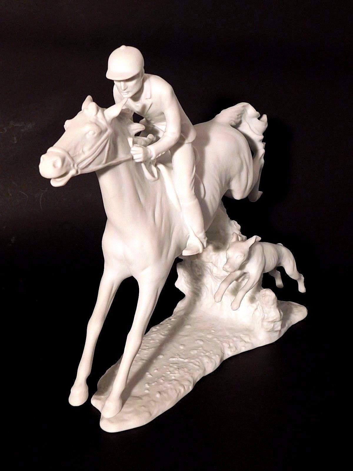 Kaiser White Bisque Porcelain Fox Hunt Jumping Horse Dog Large Figurine Signed