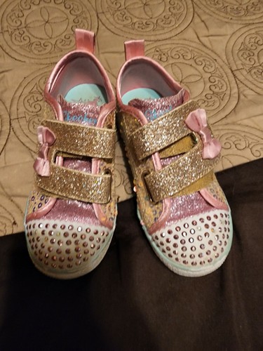 Skechers Girls Twinkle Toes Lights Up Gold & Pink Glitter & Sequins Sneaker ~ 10