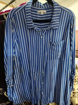 Daily Thread Button Up Shirt Womens Ruched Sleeves Size Medium Blue Striped 3X