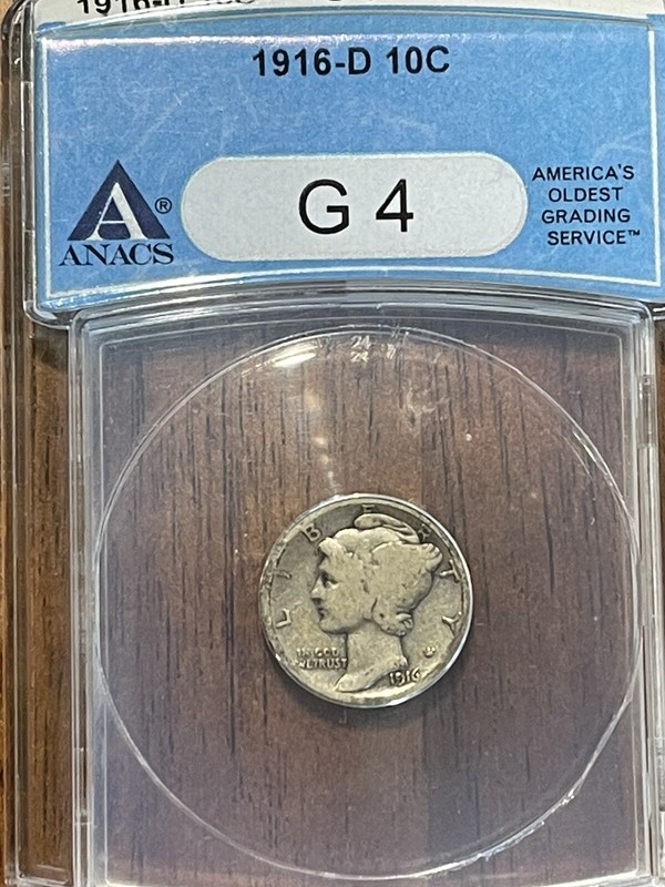 1916-D Mercury Dime 10C Coin - Certified ANACS G4 (Good)