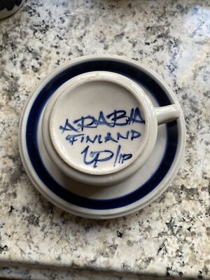 ARABIA FINLAND ANEMONE Cobalt Blue Ulla Procopé Flat Tea Cup Saucer Set Mint