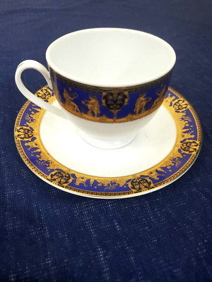 24k Gold Vintage Greek Royal Blue and Gold Trim Teacup and Saucer  