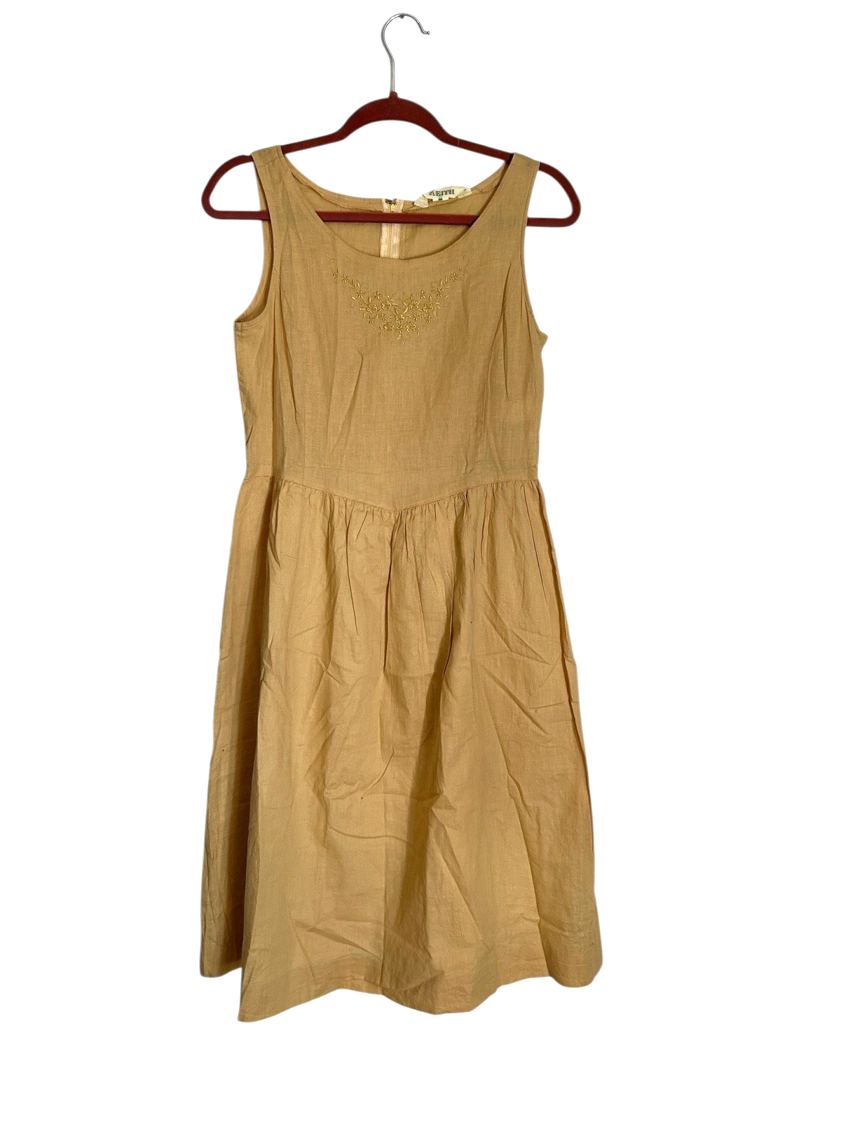 Vintage KEITH Linen Lined Midi Embroidered Sleeveless Dress Lt Mustard Tan Small