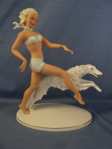 Schaubach Kunst GERMAN DECO BEAUTIFUL Woman With BORZOI Dog 10