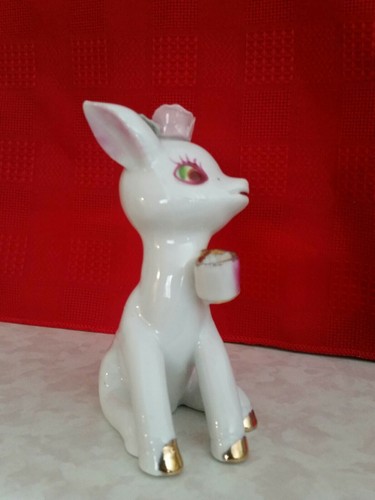 Rare Vintage White porcelain Reindeer With Pink Flower And Gold Hooves Figurine