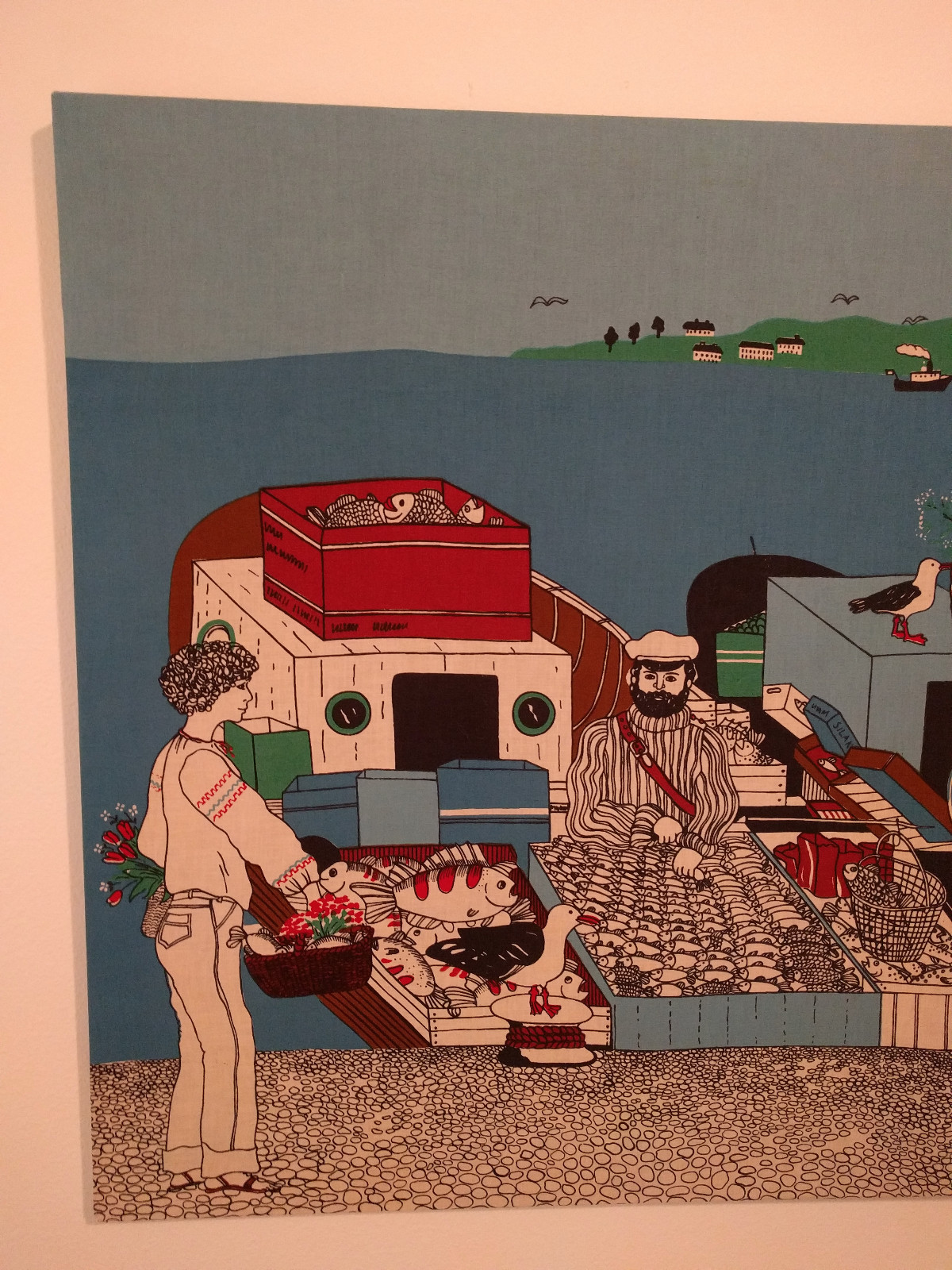 Large Vintage Mid Century Tampella Silkscreen Wall Art Fish Market 48x30 Finland