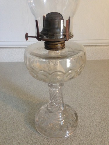 Nice Rare Antique Peacock Pattern Oil Lamp With Spiral Glass Base, A Beauty!
