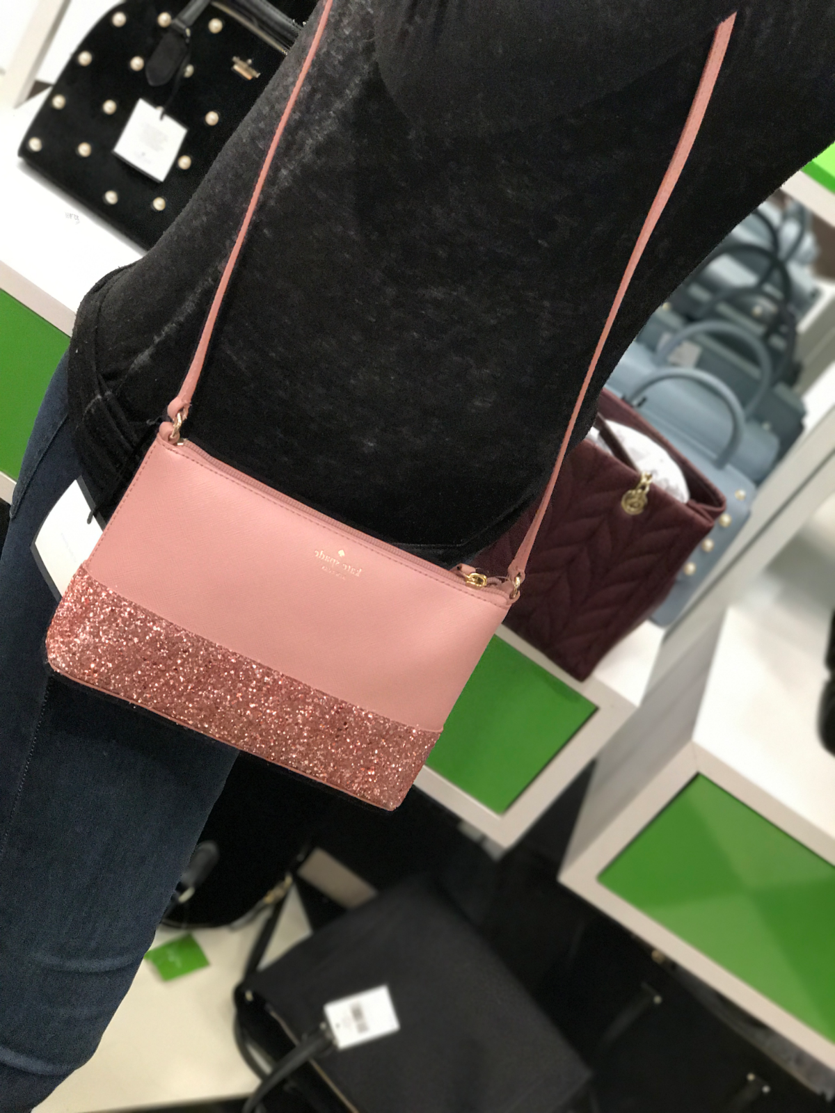 kate spade ramey greta court glitter saffiano leather crossbody bag dusty peony