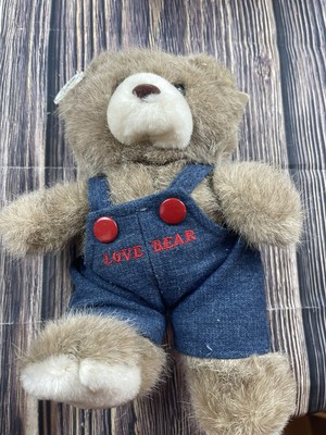 Vintage Russ Berrie Love Bear 9'' Plush Jean Denim Bib Overalls Caress Soft Pets