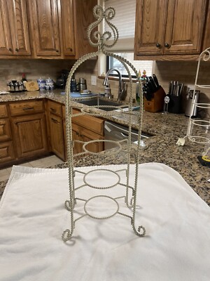 Victorian Twisted Metal Display Stand Tea Cup Saucer Rack 4-Tier Ivory Vintage