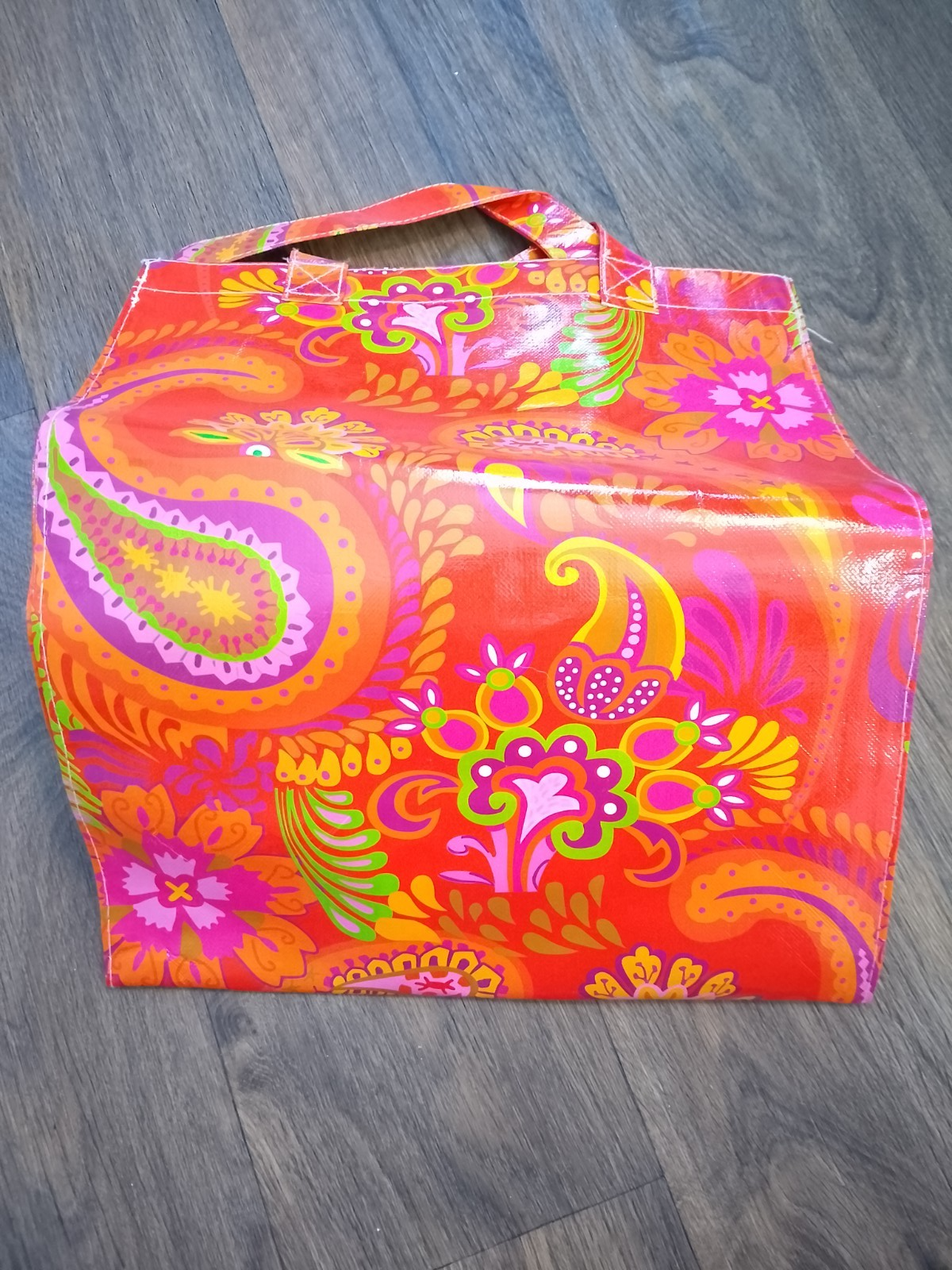 Orange vintage inspired flower shopping bag used 13.5x8x17 inches