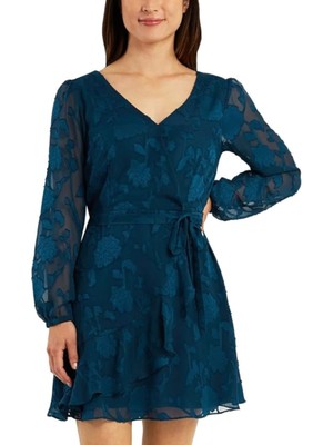 BCX DRESS Womens Teal Lined Belted Sleeve Short Dress Juniors M