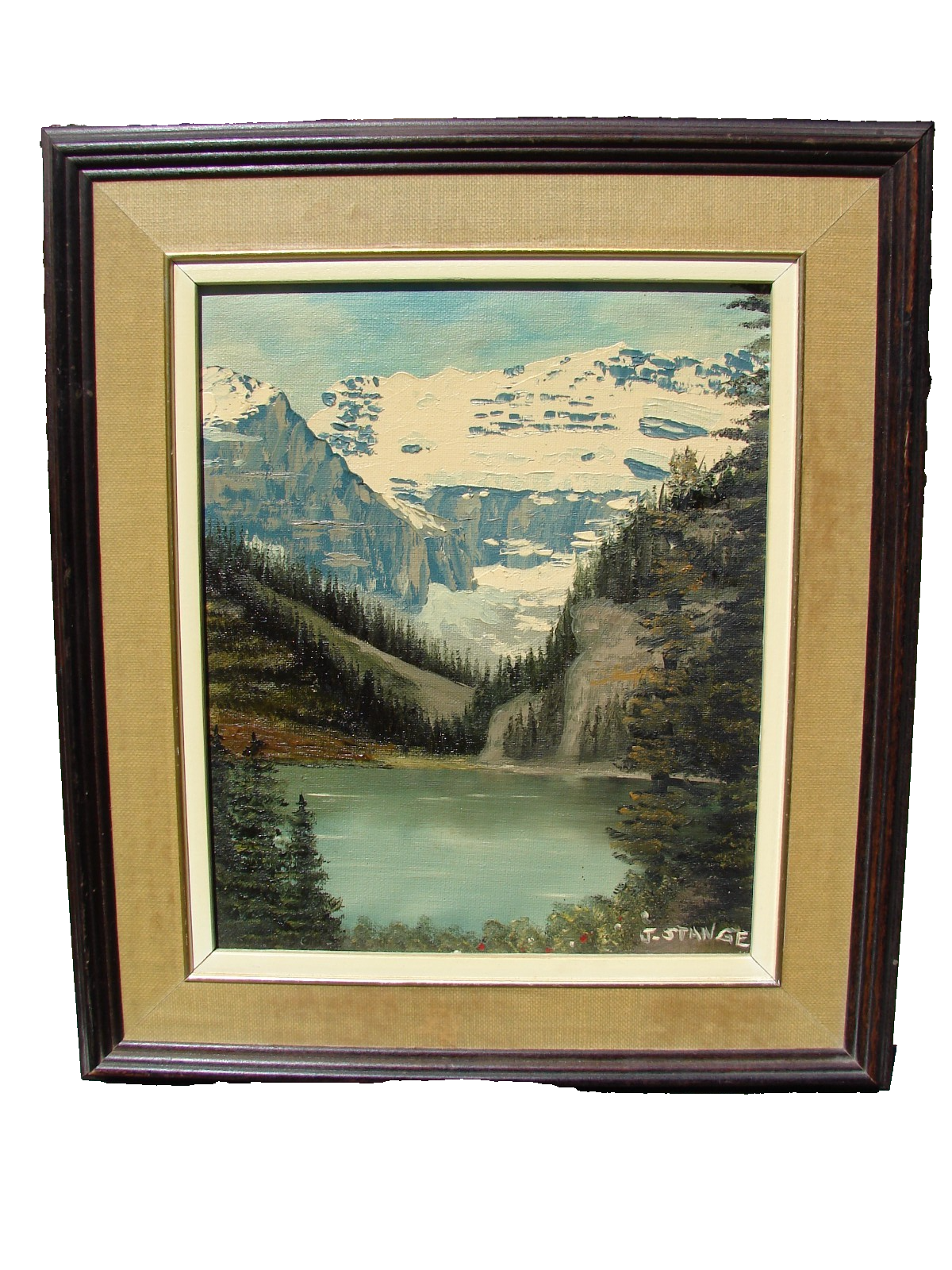 絵画 Iconic Landscape VTG Oil PAINTING Framed ART Trees LAKE Mountains Signed J. STANGE