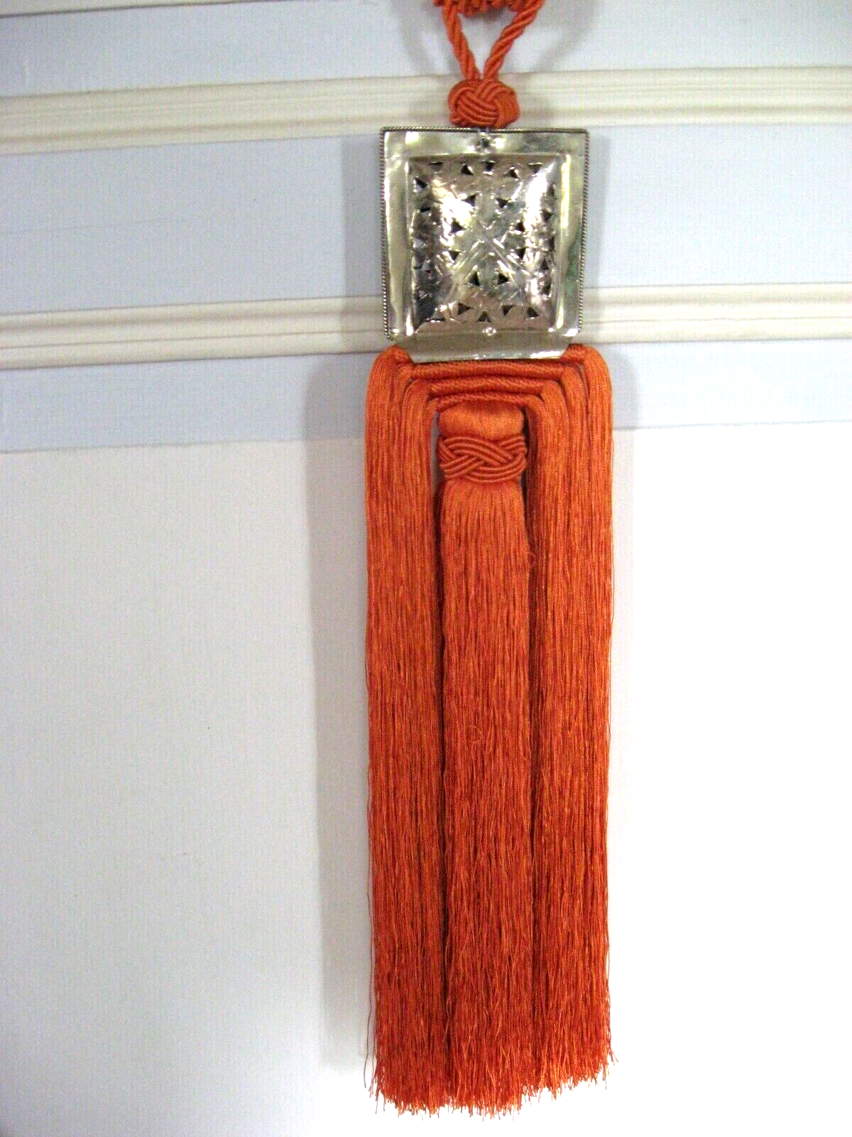 Grande Alzapaños Naranja En Seda Vegetal Natural & Metal Plateado para Cortinas