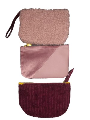 3 New IPSY Makeup Bags Travel Change Purse Pink Sherpa Rose Velvet Crushed Velve