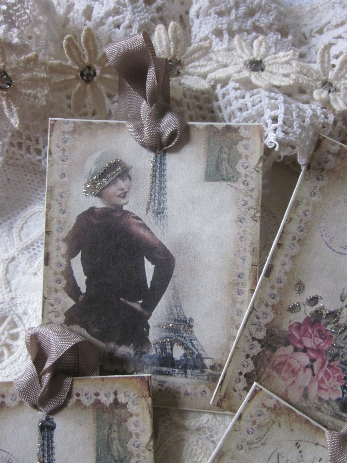 ~ Vintage PARIS  Sepia TONE GIFT TagS  Glitter 8 ~