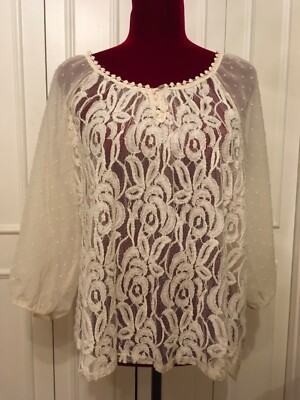 Style & Co Sheer Off White Lacy Long Sleeve Blouse (Large)