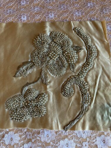 Antique Embroidered Pearl/Silver Beaded Floral Silk Satin Fabric Sample