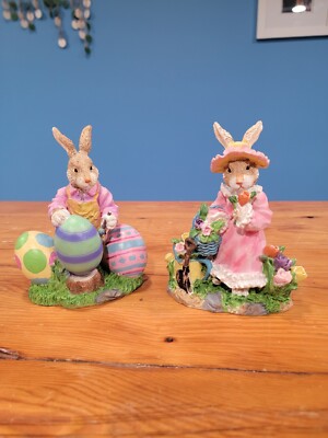 Spring Easter Bunny Figurines ~ Eggs, Rabbits, Painting Eggs, Porcelain, Flowers