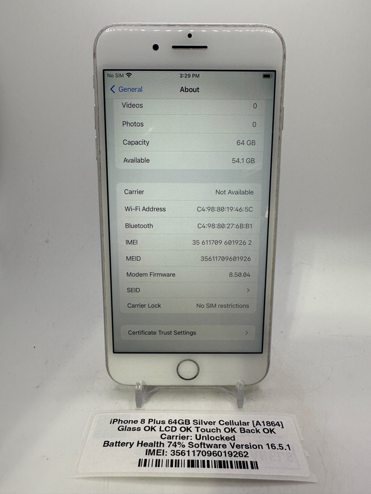 Apple iPhone 8 Plus – 64GB – Silver – (Unlocked) – A1864 – WORKS