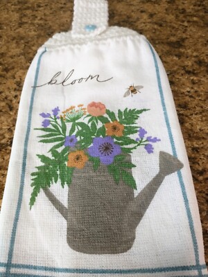 Kitchen Dish Towel With A Crochet Top ~ Watering Can    