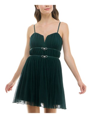 SPEECHLESS Womens Green Mesh Notched Neck Bow Accents Short Dress Juniors 0