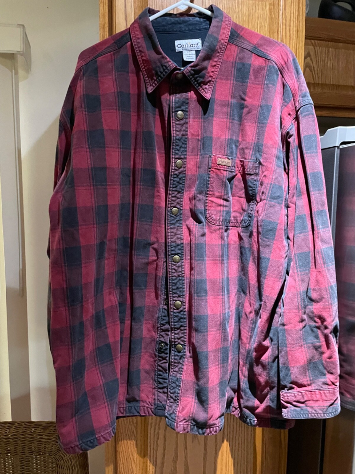 Carhartt two XL flannel lined plaid, navy, and red shirt jacket with snaps