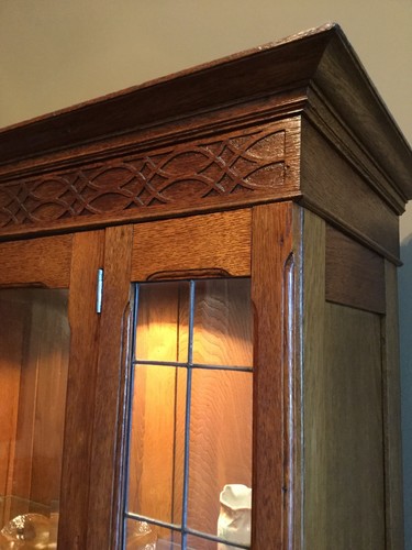 Antique Oak Lighted Glass Front Display Cabinet